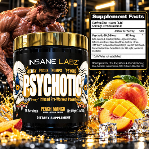 Insane Labz Psychotic Gold PreWorkout Beta Alanine, DMAE Bitartrate, NO Booster 35 Servis - Peach Mango