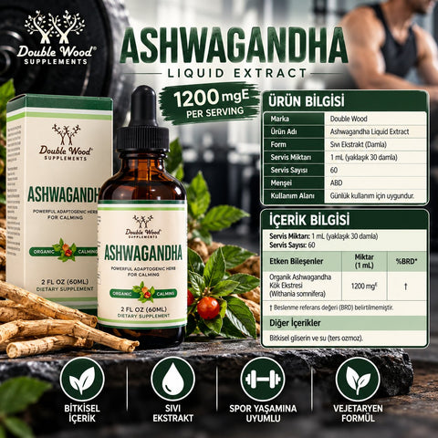 Double Wood Ashwagandha Liquid Drops 1,200mg, Root Extract, 60 Servings