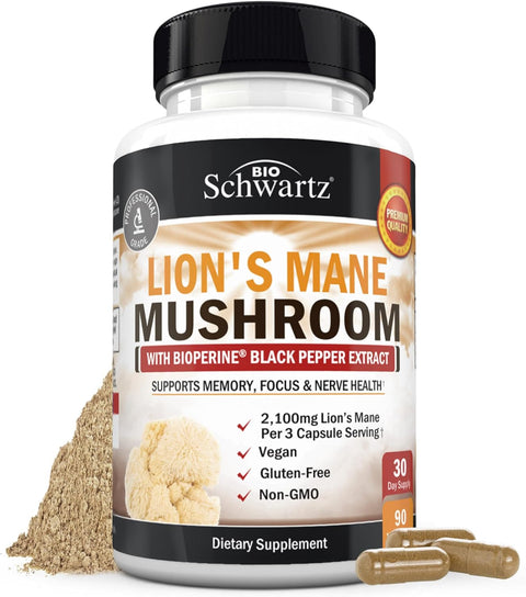 BioSchwartz Organic Lions Mane Mushrooms with BioPerine Nootropic Brain Memory Focus 90 Caps