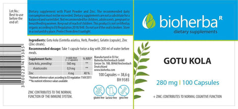 BİOHERBA GOTU KOLA 280 mg 100 capsules