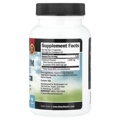 BioSchwartz Grass Fed Bovine Colostrum 40% IgG, 90 Caps