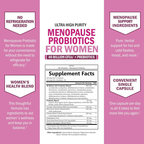 BioSchwartz Menopause Women - 40 Billion CFU Probiotics Hot Flashes Night Sweats Mood Swings and Balance 60 Caps