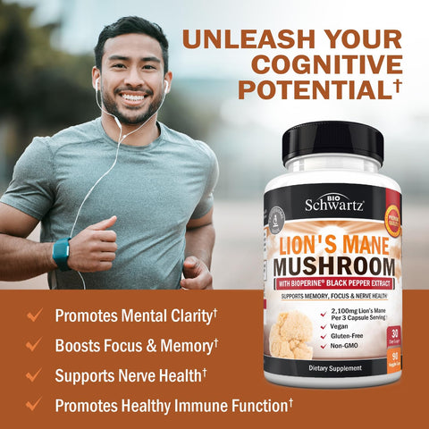 BioSchwartz Organic Lions Mane Mushrooms with BioPerine Nootropic Brain Memory Focus 90 Caps