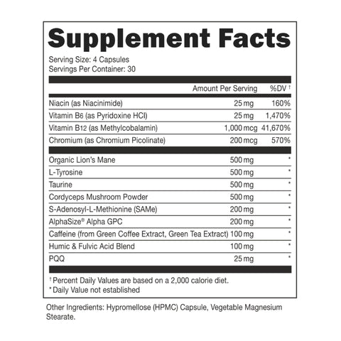 Bucked Up Brain Gainz Nootropic Lions mane+Same+PQQ+Niacin+Theanine+Huperzine+Reishi 240 Caps USA.