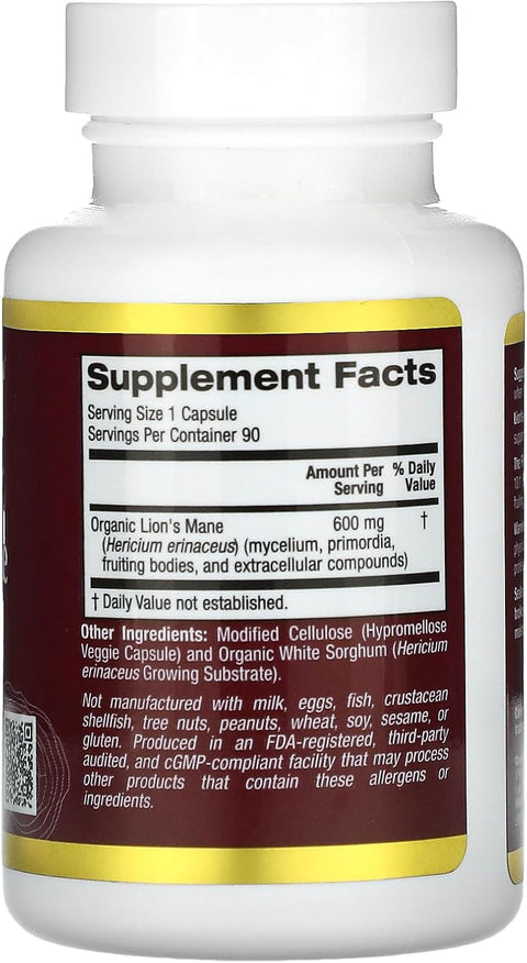 California Gold Nutrition Organic Lion's Mane Mushrooms Brain & Cognitive 90 PlantCaps