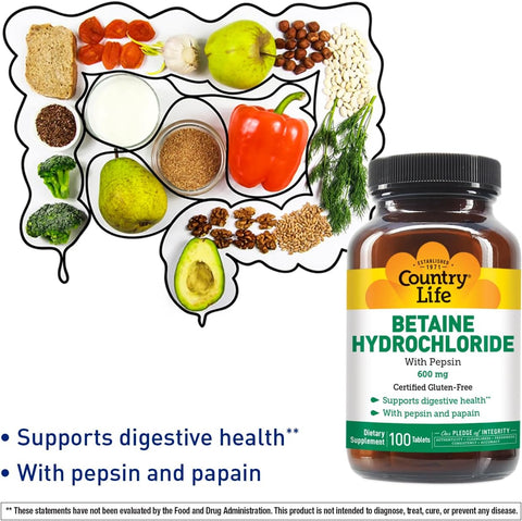 Country Life Betaine Hydrochloride with Pepsin Digestive Health 600mg 100 Tablet