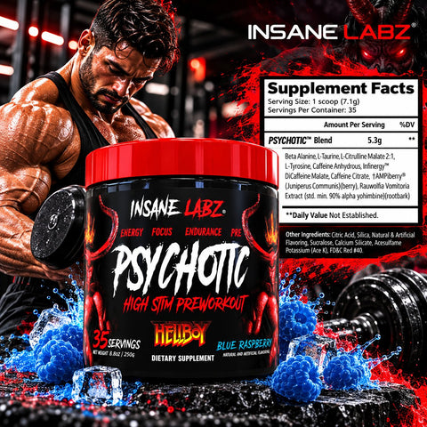 Insane Labz Psychotic Hellboy PreWorkout and Insane Amino BCAA Recovery Time, Blue Raspberry 35 Servis
