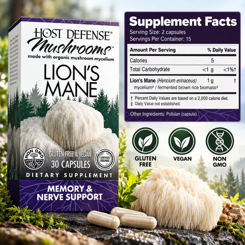 Host Defense Mushrooms Lion's Mane Made with Organic Mushroom Mycelium 30 Capsules