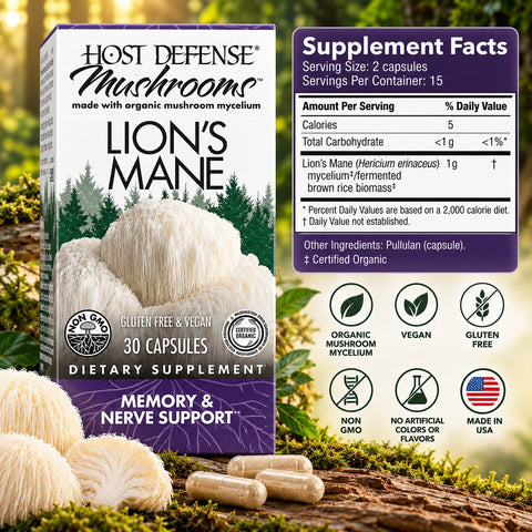 Host Defense Mushrooms Lion's Mane Made with Organic Mushroom Mycelium 30 Capsules