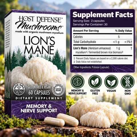 Host Defense Mushrooms Lion's Mane Made with Organic Mushroom Mycelium 60 Capsules