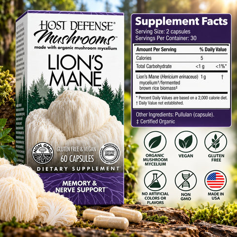 Host Defense Mushrooms Lion's Mane Made with Organic Mushroom Mycelium 60 Capsules