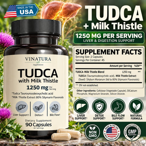 VINATURA TUDCA Milk Thistle 1250mg Bile Salts Liver Support, Gallbladder 90 Caps