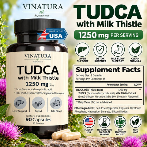 VINATURA TUDCA Milk Thistle 1250mg Bile Salts Liver Support, Gallbladder 90 Caps