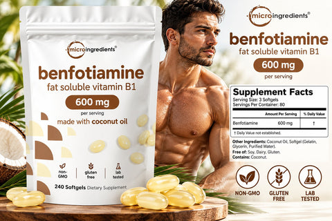 Micro Ingredients Vitamin B1 Benfotiamine 600mg Per Serving, 240 Coconut Oil Softgels