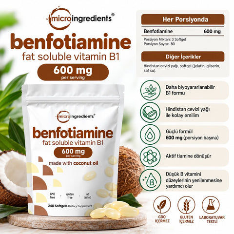 Micro Ingredients Vitamin B1 Benfotiamine 600mg Per Serving, 240 Coconut Oil Softgels