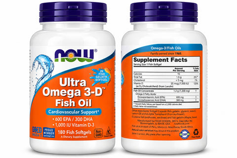 NOW Foods, Ultra Omega 3-D Fish Oil EPA DHA Vitamin D3 Cardiovascular Support 180 Fish Softgels