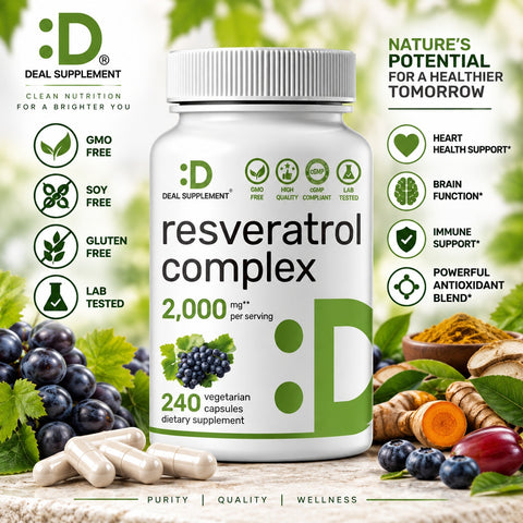 DEAL SUPPLEMENT Trans-Resveratrol Polygonum NAD, Quercetin, Turmeric, CoQ10 Complex 240 Veggie Caps