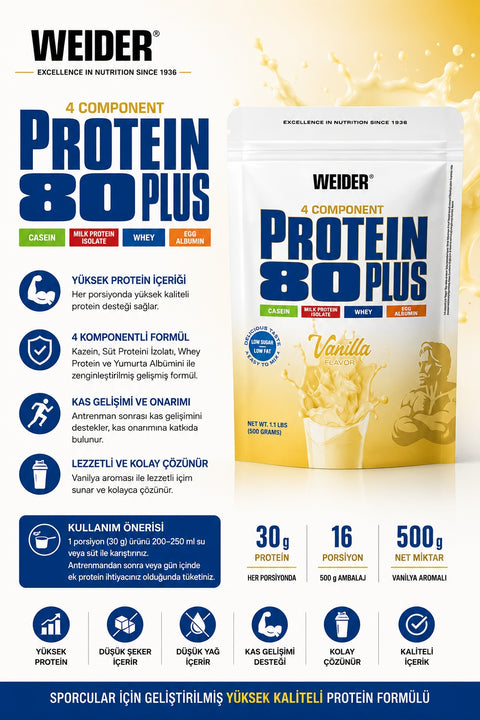 Weider 80 Plus Casein & Isolate & Whey & Egg Protein Tozu 500 gram - Vanilla