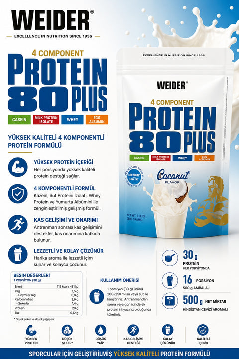 Weider 80 Plus Casein & Isolate & Whey & Egg Protein Tozu 500 gram - Coconut