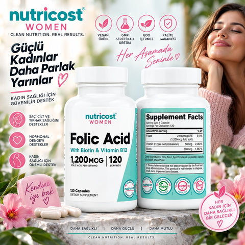 Nutricost Women Folic Acid with Biotin & Vitamin B12 120 Capsules