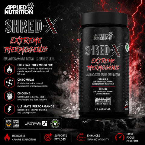 Applied Nutrition Shred X Tyrosine Theanine Green Tea Caffeine  Extreme Thermogenic 90 Capsules