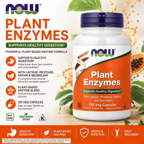 NOW Foods Plant Enzymes With Lactase, Protease, Papain, and Bromelain 120 Veg Capsules