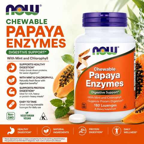 NOW Foods Chewable Papaya Enzymes Digestive Support With Mint and Chlorophyll 180 Lozenges
