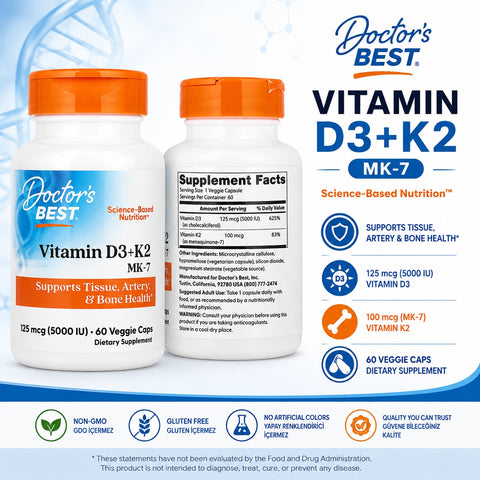 Doctor's Best Vitamin D3 + K2 MK-7 5000 IU 60 Veggie Caps