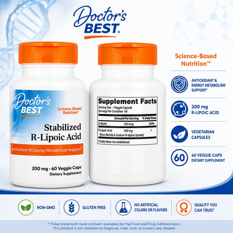 Doctor's Best Stabilized R-Lipoic Acid Antioxidant & Energy Metabolism Support 200 mg 60 Veggie Caps