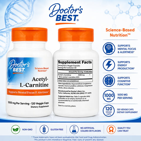 Doctor's Best Acetyl-L-Carnitine Hcl 1000 mg 120 Veggie Caps