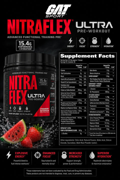 GAT SPORT Nitraflex Ultra PreWorkout Supplement Strawberry Watermelon 613,5 Gr