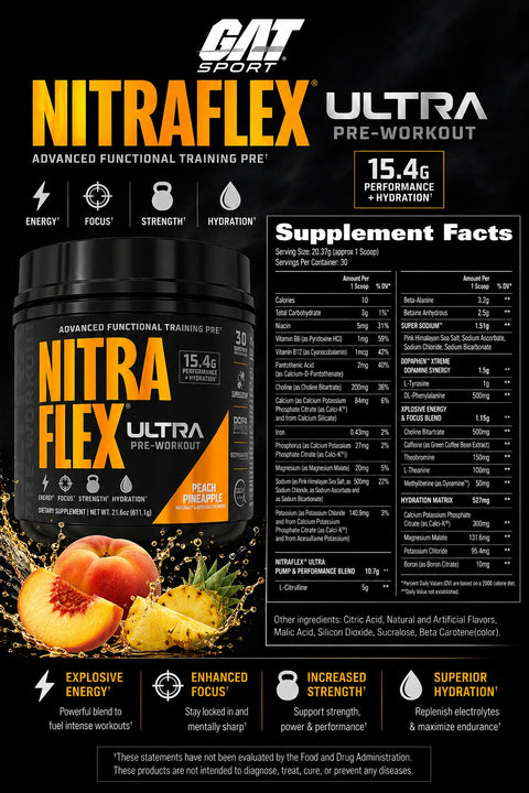 GAT SPORT Nitraflex Ultra PreWorkout Supplement Peach Pineapple 611,1 Gr