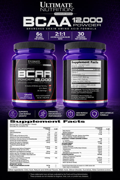 Ultimate Nutrition BCAA Powder 12000 Grape 30 Servings