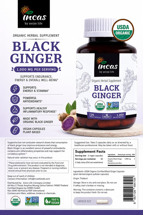 INCAS USDA Organic Thai Black Ginger Kaempferia Thai Ginseng for Men Libido booster 120 Vegan Caps