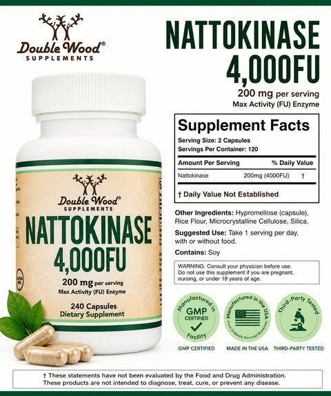 Double Wood Supplements Nattokinase 4,000 FU, Supports Healthy Circulation, 240 Capsules