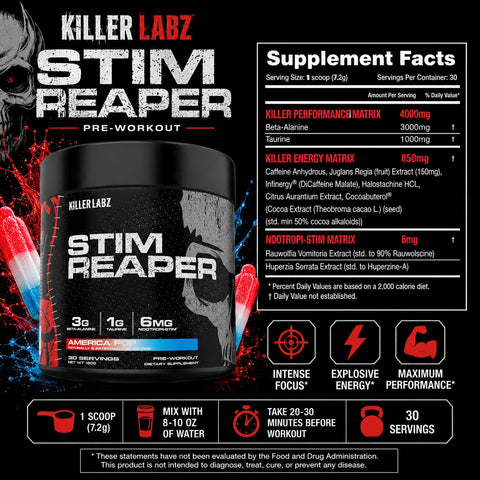 KILLER LABZ HIGH STIM ENERGY MATRIX PUMP PREWORKOUT REAPER 30 SERV.