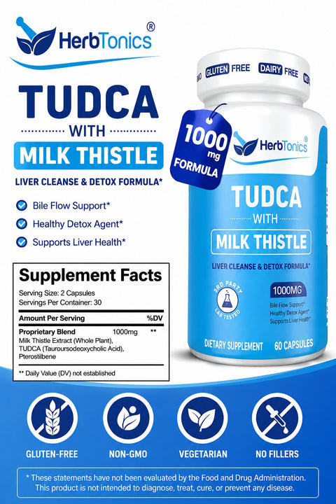 Herbtonics TUDCA Gallbladder Milk Thistle & Pterostilbene Bile Salt for Liver Cleanse Detox Healthy Bile Flow, and Digestive Health 60 Caps