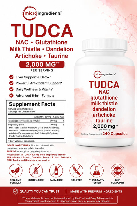 Micro Ingredients TUDCA Bile Salts 7-in-1 Complex with NAC Milk Thistle Glutathione Dandelion & Artichoke 2,000mg 240 Caps