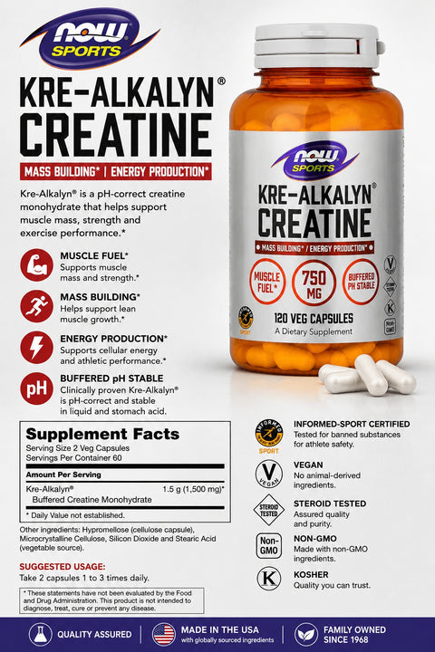 NOW Foods Sports Kre-Alkalyn Creatine Monohydrate Energy Production 120 Veg Caps