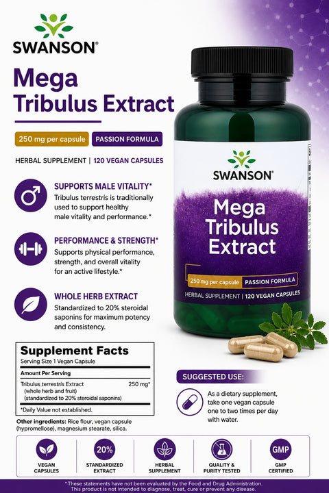 Swanson Vitamins Mega Tribulus terrestris Extract %20 saponins 250 mg 120 Vegan Capsules