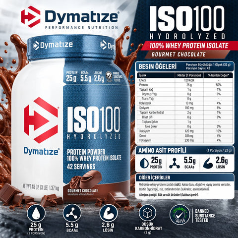 Dymatize ISO100 Hydrolyzed 100% Whey İzole Protein Isolate Gourmet Chocolate 1.37 kg