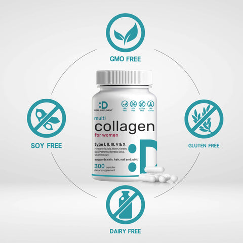 Deal Supplement Multi-Collagen Pills for Women with Vitamin C, E, & Biotin, 300 Capsules