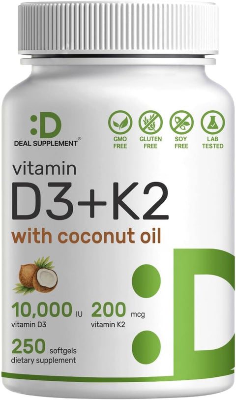 DEAL SUPPLEMENT Vitamin D3 10,000 IU + K2 MK7 200mcg  Coconut Oil  Heart Bone Teeth & Immune Health 250 Softgels