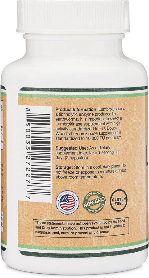 Double Wood Lumbrokinase Enzymes 10,000 FU Cardiovascular and Blood Circulation Support 120 Caps