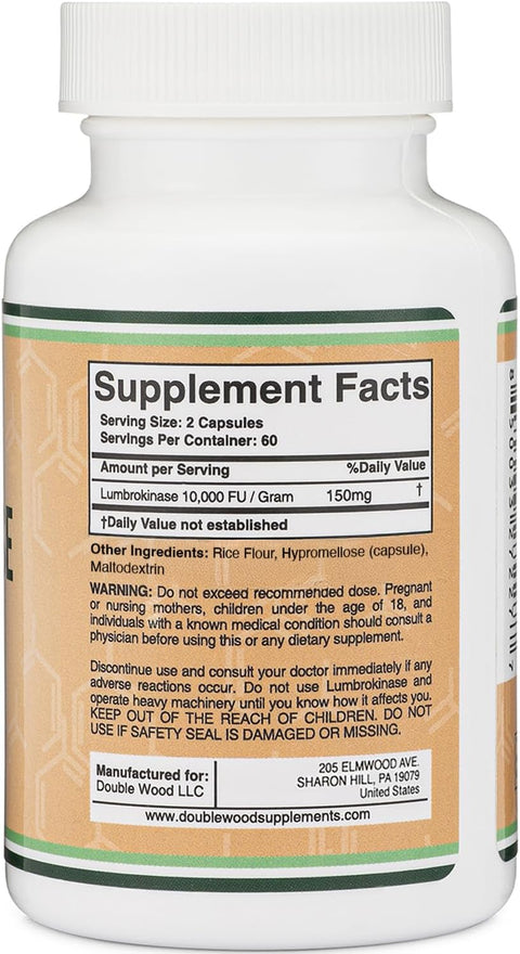Double Wood Lumbrokinase Enzymes 10,000 FU Cardiovascular and Blood Circulation Support 120 Caps