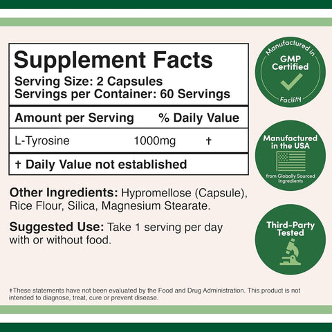 Double Wood L-Tyrosine Memory Attention and Focus Amino 1,000mg 120 Veggie Caps