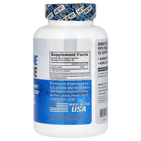 Evlution Nutrition Agmatine Sulfate Nitric Oxide Muscle Gh Recovery 120 Caps