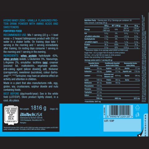 BİOTECHUSA Hydro Whey Protein Zero - 1816 g