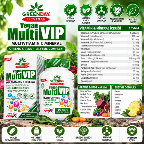 AMIX Vegan Multi VIP Multivitamin Vitamin Complex With Greens & Reds Enzyme complex/ 60 Tabs