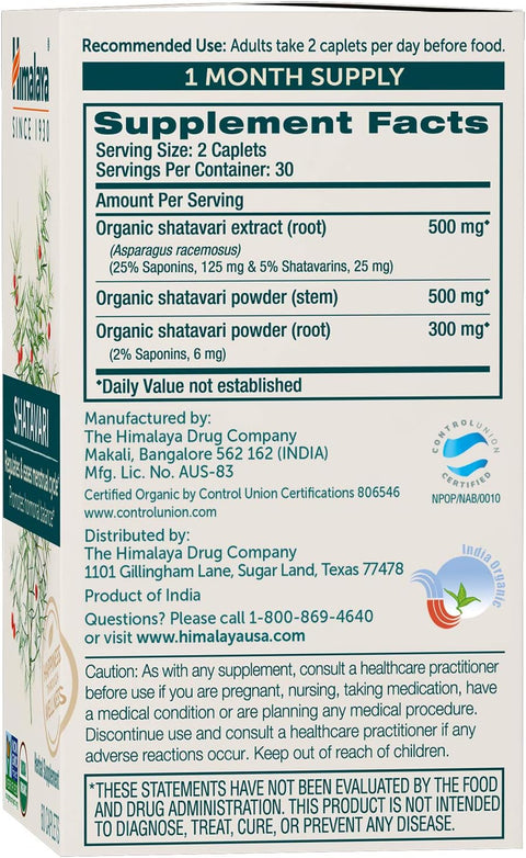 Himalaya Organic Shatavari Hormone Balance Menstrual Cramp Menopause Support 1300 mg, 60 Caplets